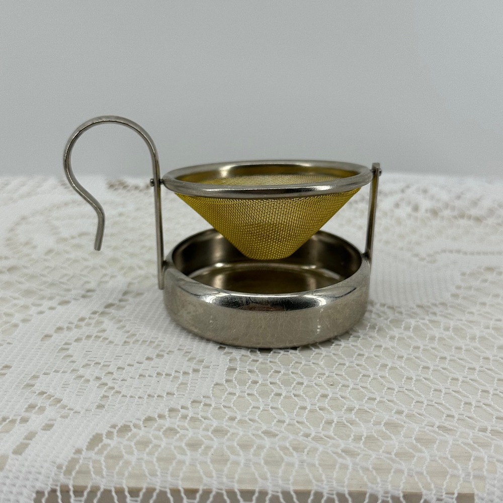 Vintage Rotating Tea Strainer Silver Gold Swivel Mesh Drip Cup Base Retro MCM